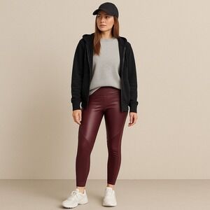 Fabletics Burgundy Moto Leggings Faux Leather Ribbed Detail Sporty Luxe